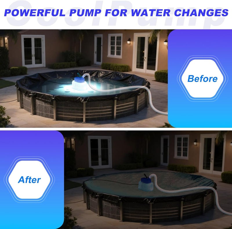 CoolPump Pool Cover Pump with Lights, Above Ground Sump Pump Submersible, Sump Pumps for Pool Draining, Water Removal Pumps with 16ft Drainage Hose & 25 ft Extra Long Power Cord,850 GPH,4 Adapters-Navy Blue - Image 2
